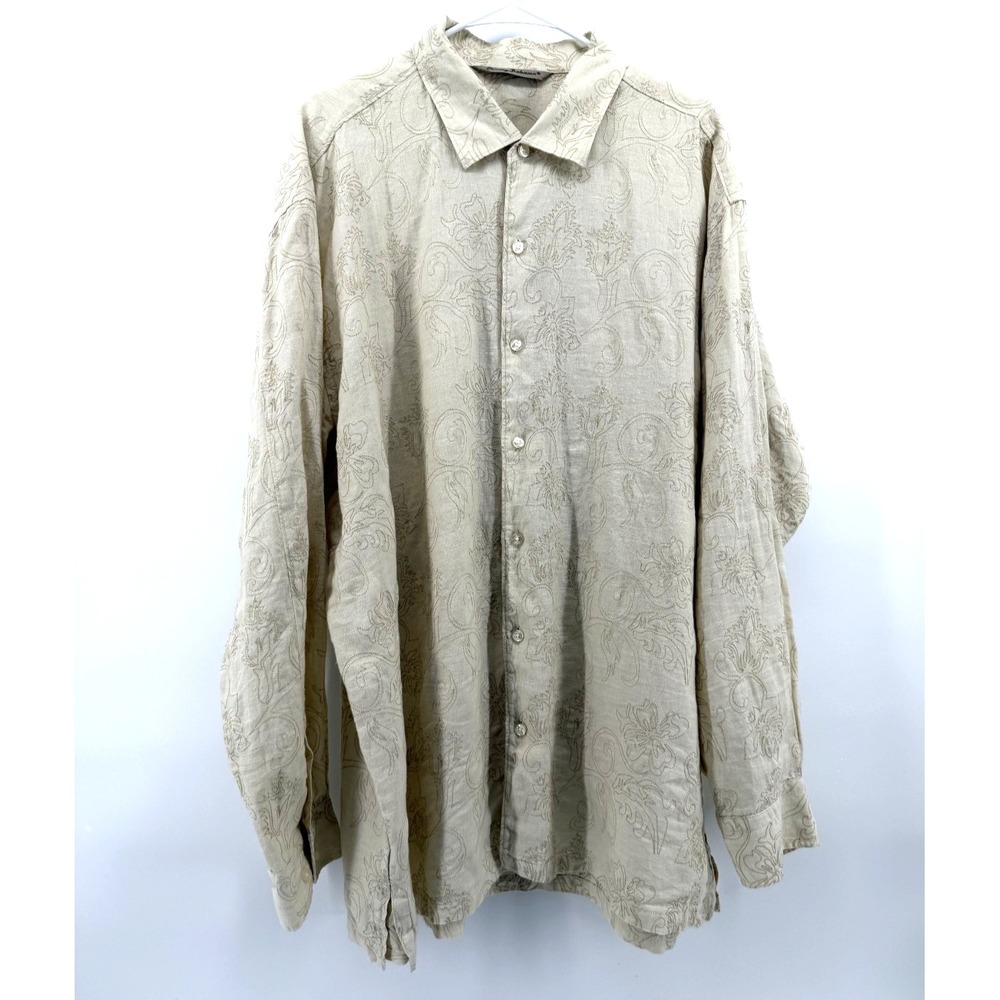 Tommy Bahama Linen Embroidered Floral Beige Shirt Resort Beach Summer Men XXL